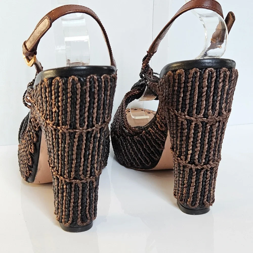 Prada Woven Bronze Metallic Platform Sandals Block Heel Knotted Raffia 40.5 IT